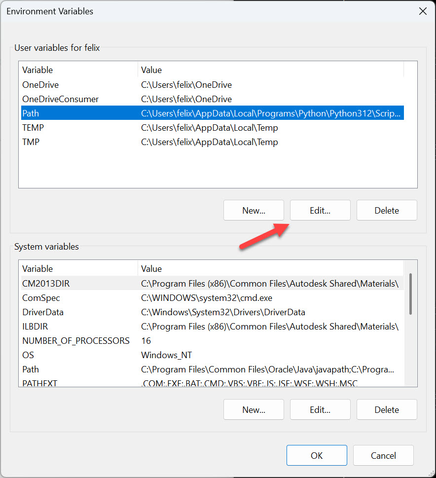Environment Variables window
